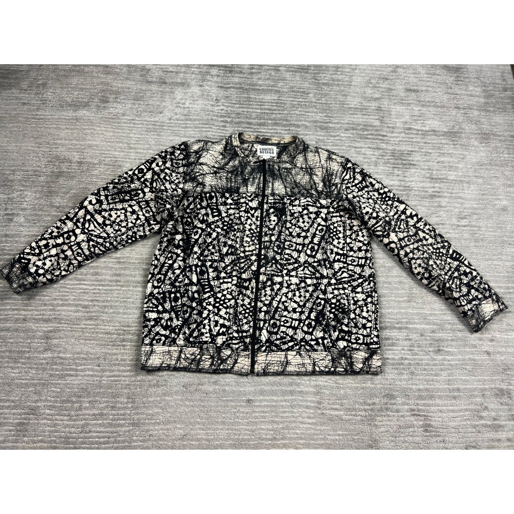 Chico's Design Jacket Womens 1 Black White Batik Abstract Zip Up Art to Wear